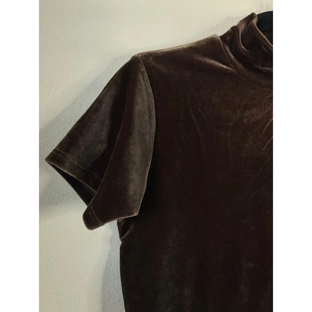 Sostanza Top Brown Velvet Mock Neck Short Sleeve Vintage 90s Stretch Medium